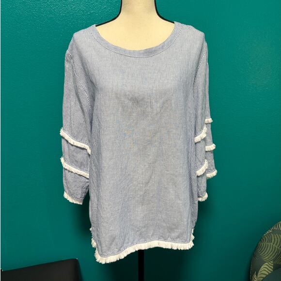 Cynthia Rowley Linen Cotton Blend Long Sleeve Blue & White Stripe Blouse 1X - Picture 9 of 10